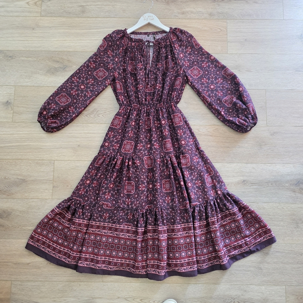 NEW Kobi Halperin Andrea Printed Peasant Plum Midi Dress Size XS Boho Bohemian